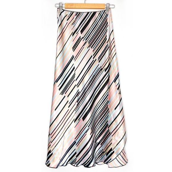 Vintage Dresses & Skirts - VINTAGE Y2K Satin Side Slit Asymmetrical Stripe Printed Midi Skirt Made In USA